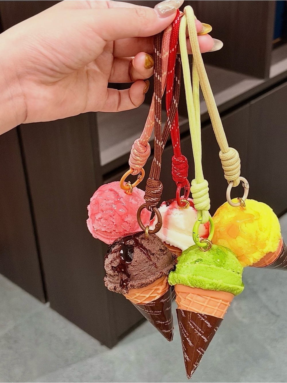 5 Pack Ice Cream Cone Keychain Charms Car Bag Pendant 5 Colors Cute Food Decor